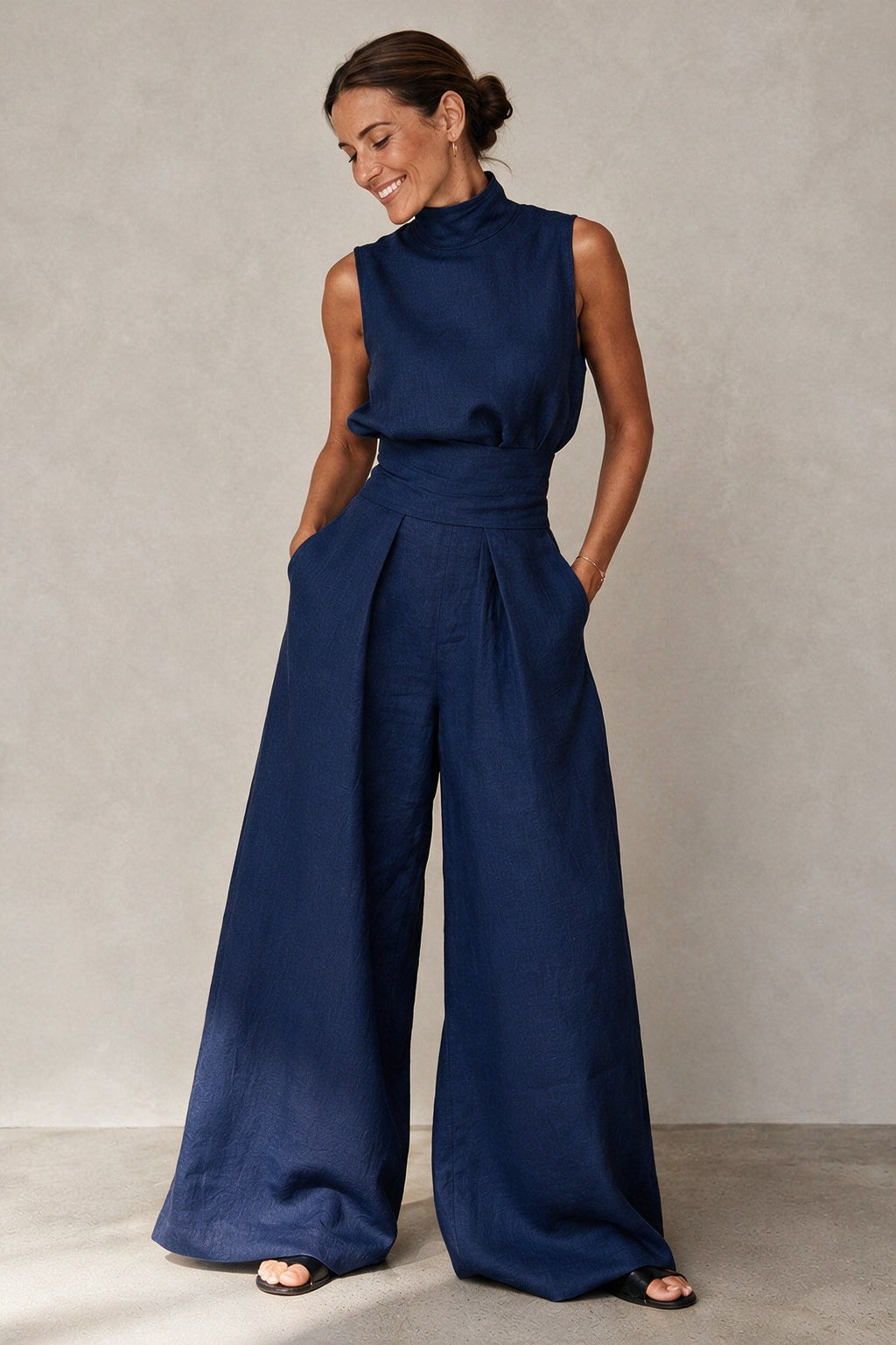 Madeleine — Sleeveless Matching Set for Women with Wide Leg Trousers (Navy)