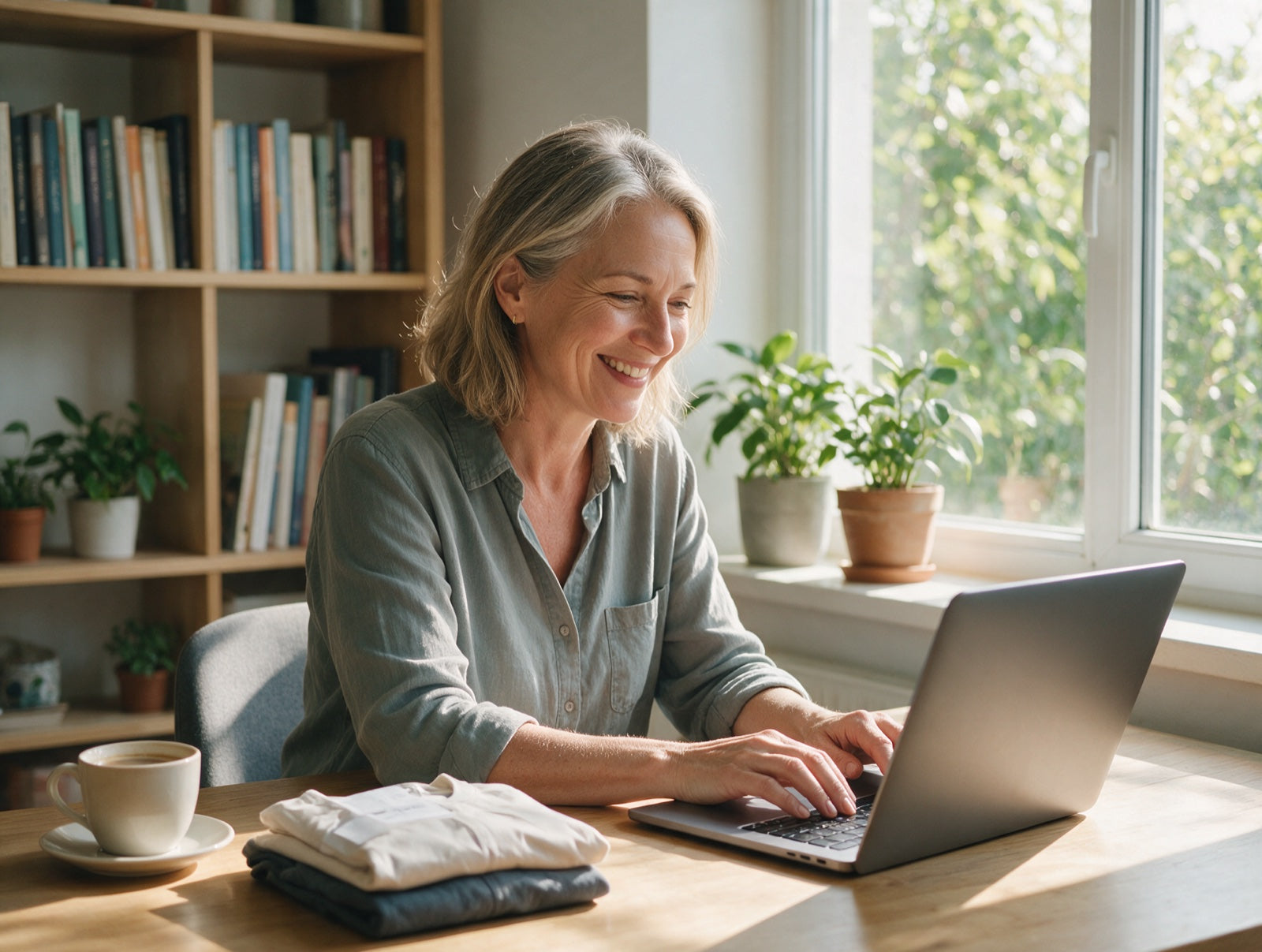 Smiling woman answering customer messages on a laptop