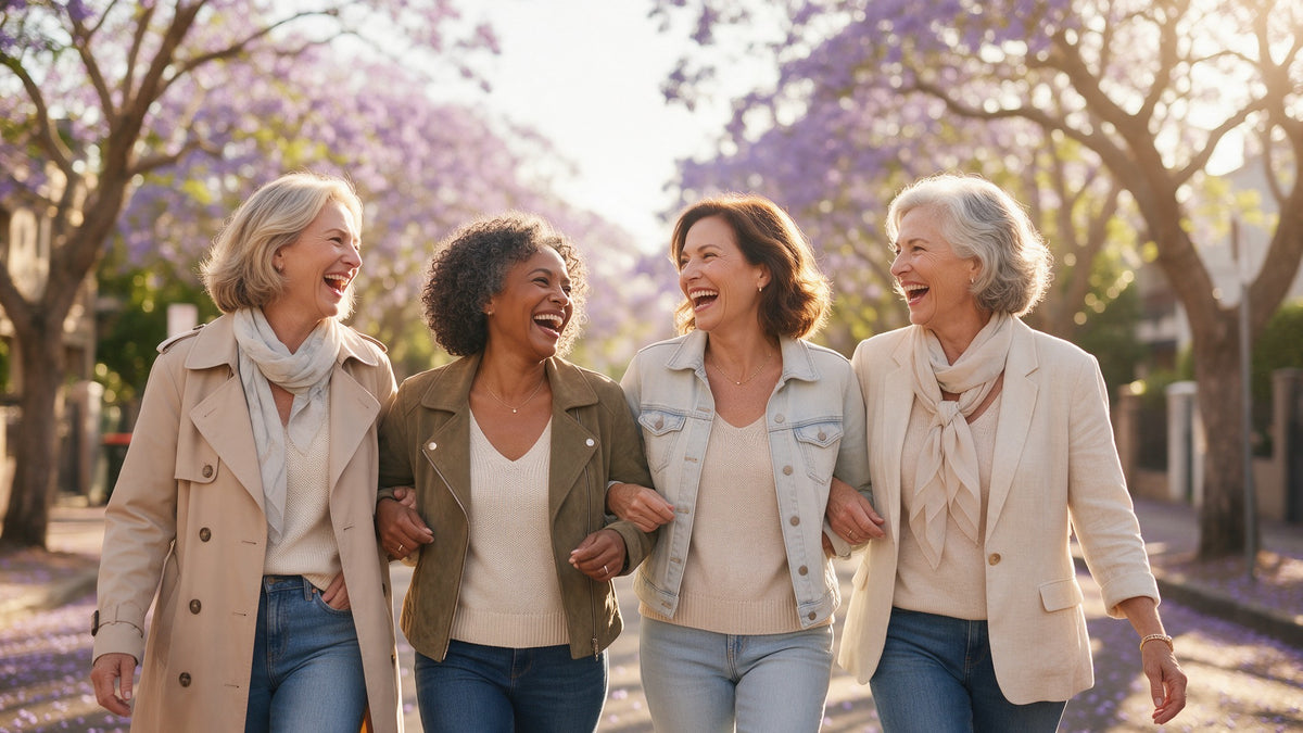 Four women laughing together under blooming jacaranda trees in spring, wearing light jackets