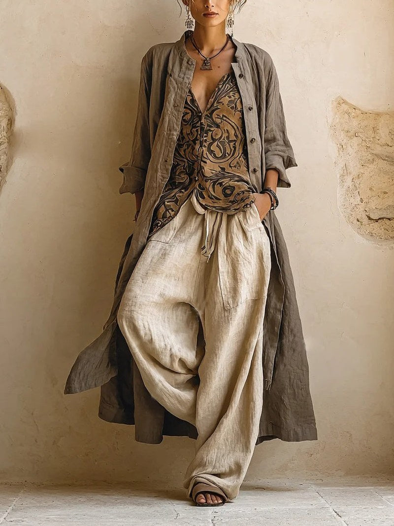 Axelle — Linen Pants Set for Women with Long Coat