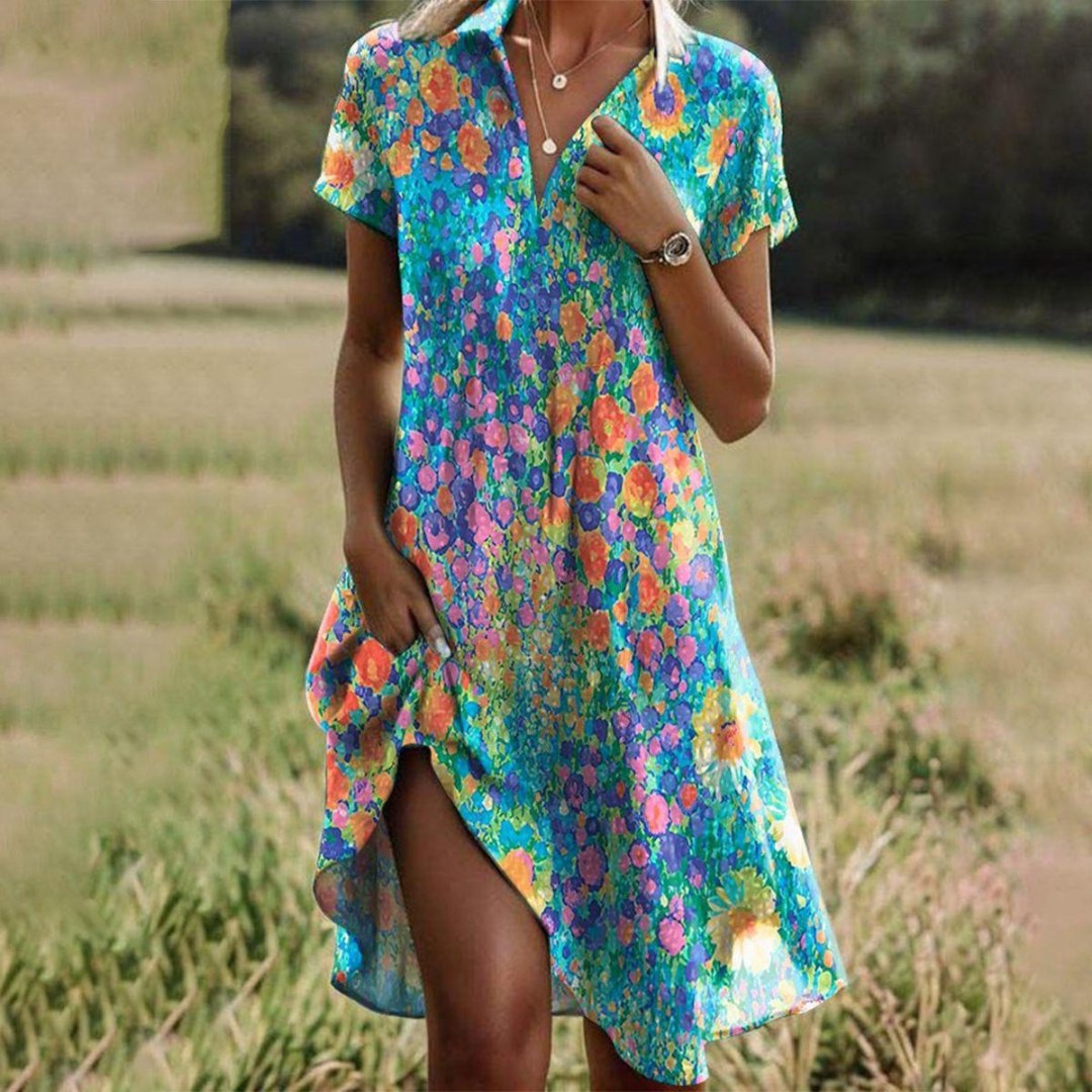 Carole — Boho Floral Midi Dress for Women with Short Sleeves