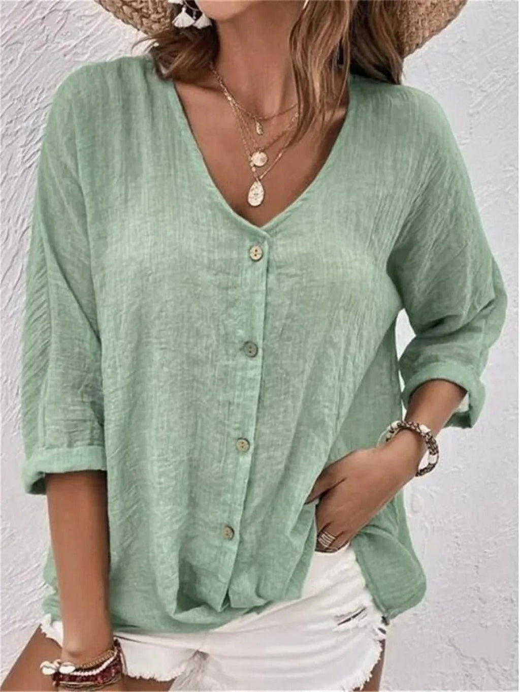 Dorothee — V Neck Button Up Blouse for Women with Long Sleeves (4)