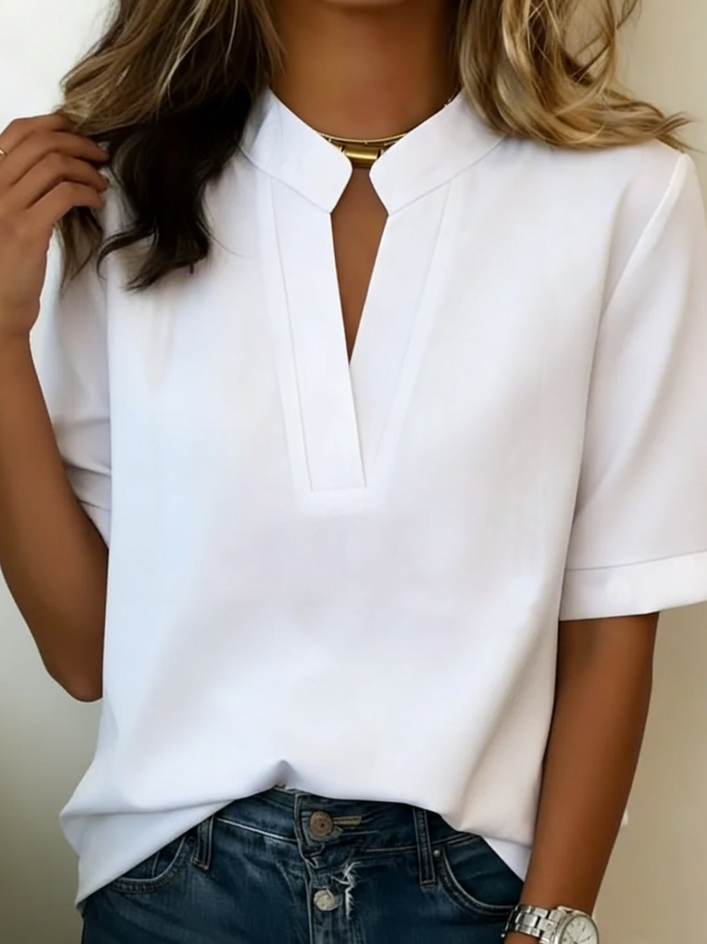 Eugenie — Short Sleeve Blouse for Women with Split Neck (8)