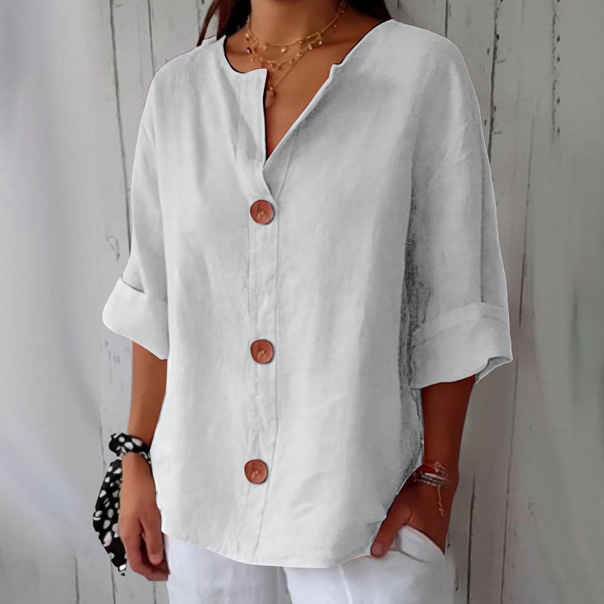 Henriette — V Neck Button Shirt for Women with Half Sleeves