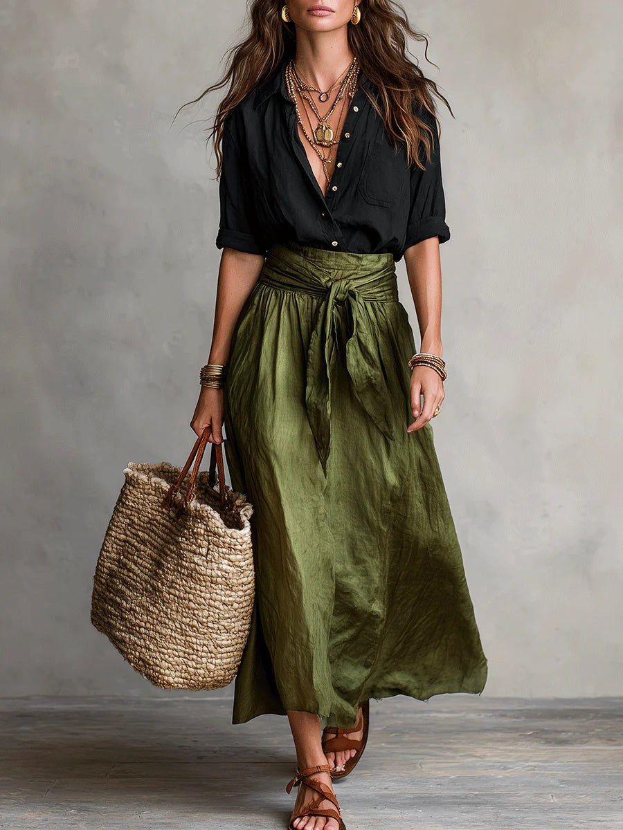 Hortense — Satin Midi Skirt Set for Women with T Shirt