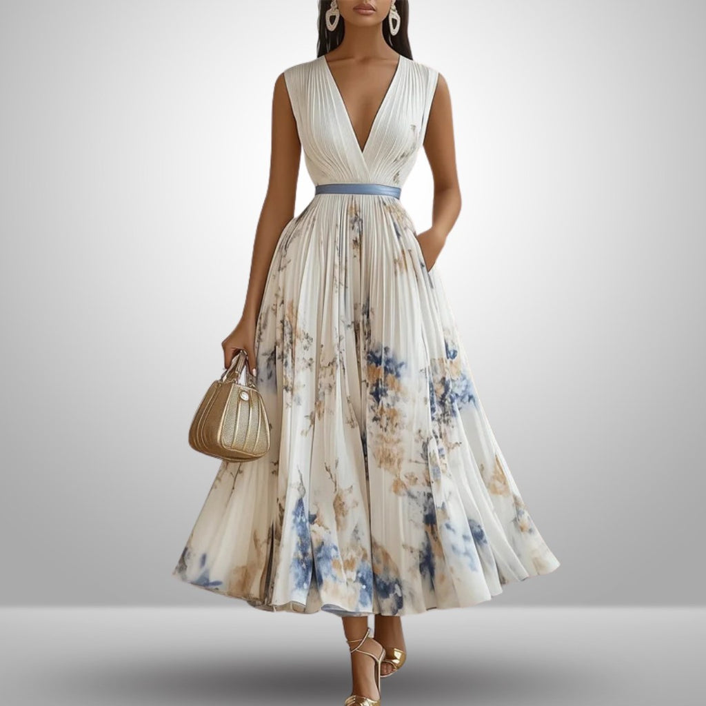 Ludivine — Pleated Floral Dress for Women with V Neck