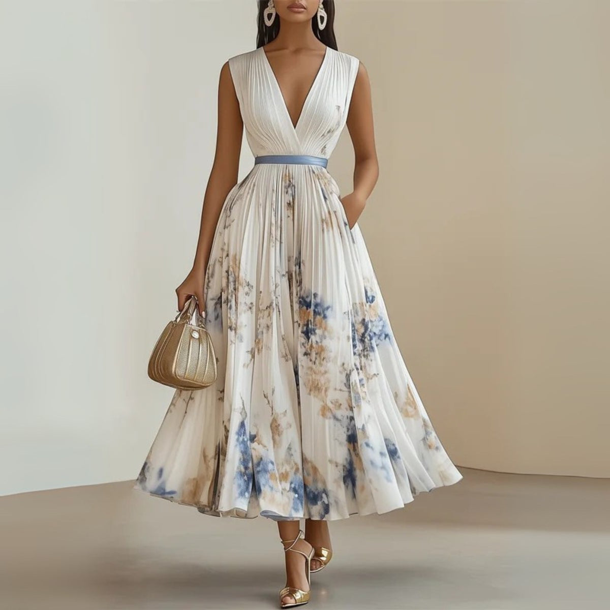 Ludivine — Pleated Floral Dress for Women with V Neck (2)