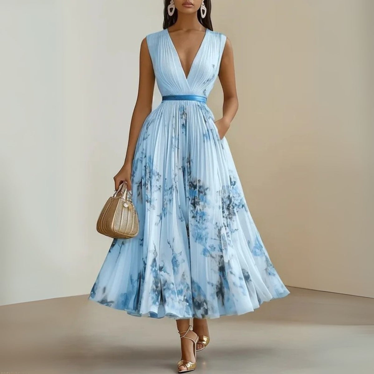 Ludivine — Pleated Floral Dress for Women with V Neck (4)