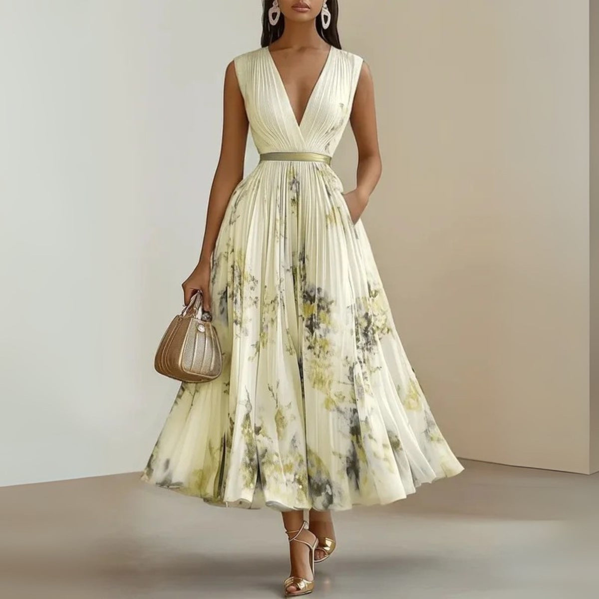 Ludivine — Pleated Floral Dress for Women with V Neck (5)