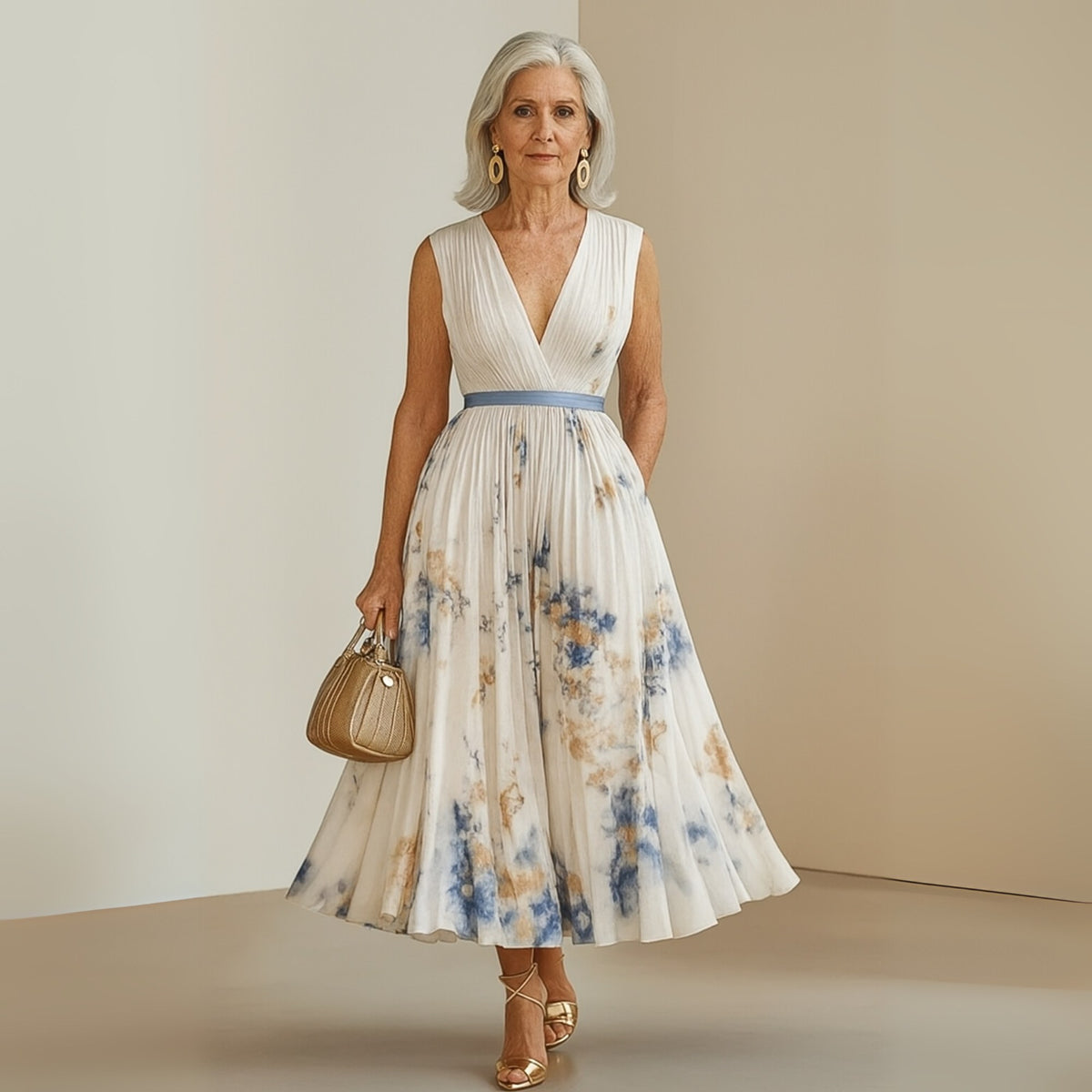 Ludivine — Pleated Floral Dress for Women with V Neck (8)