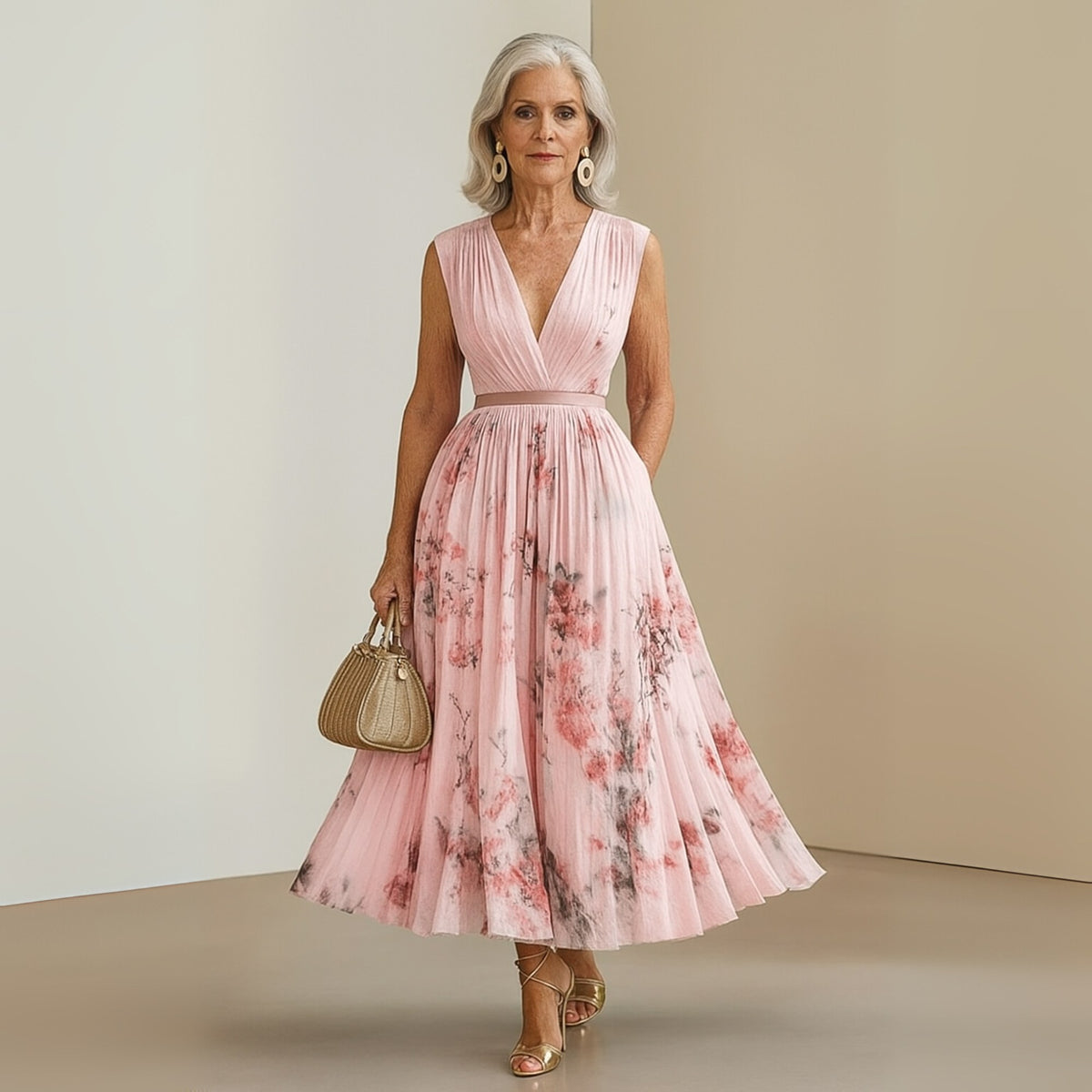 Ludivine — Pleated Floral Dress for Women with V Neck (9)