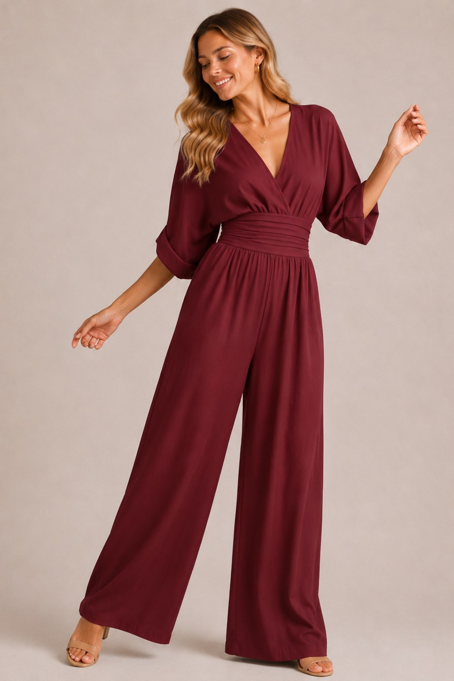 Manon — V Neck Wide Leg Jumpsuit for Women with Pleated Waist