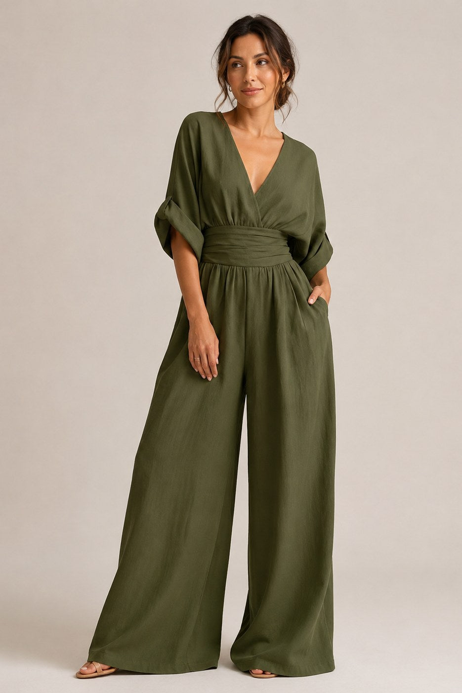 Manon — V Neck Wide Leg Jumpsuit for Women with Pleated Waist (3)