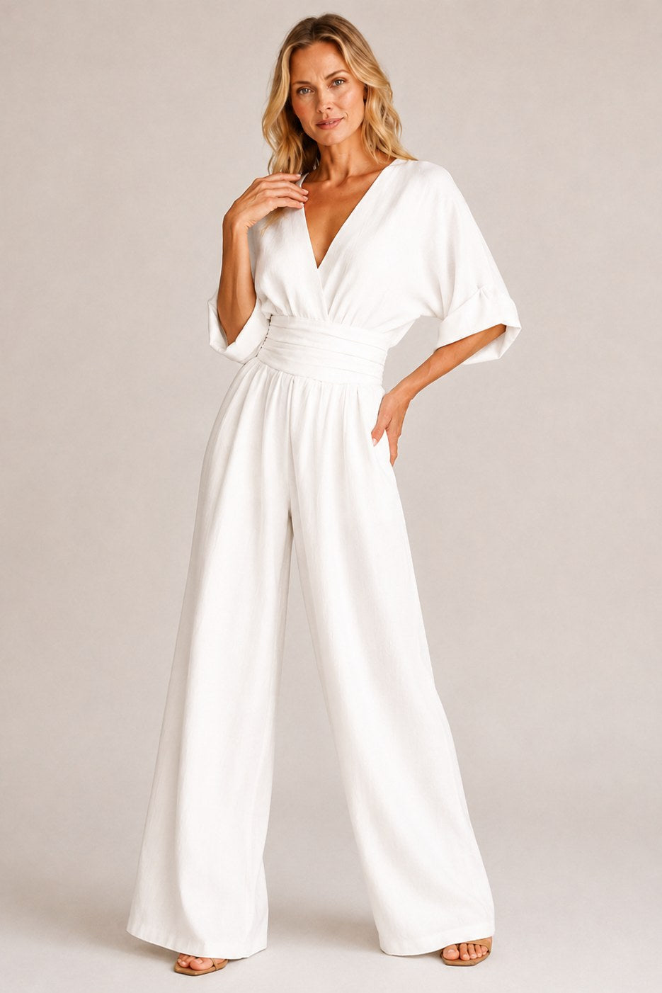 Manon — V Neck Wide Leg Jumpsuit for Women with Pleated Waist (4)