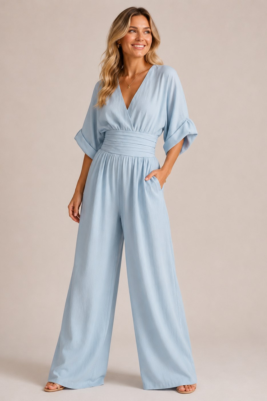 Manon — V Neck Wide Leg Jumpsuit for Women with Pleated Waist (5)