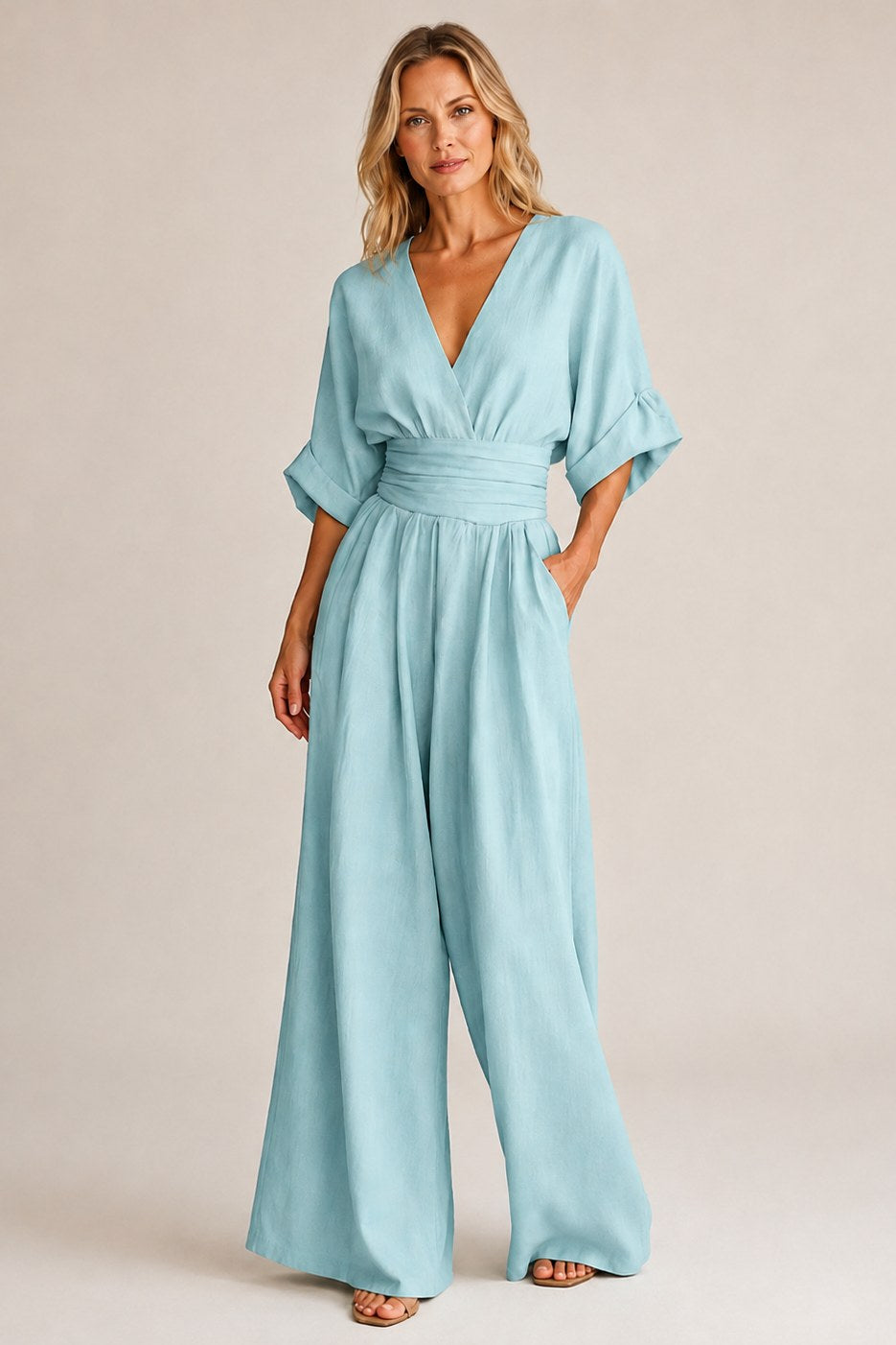 Manon — V Neck Wide Leg Jumpsuit for Women with Pleated Waist (6)