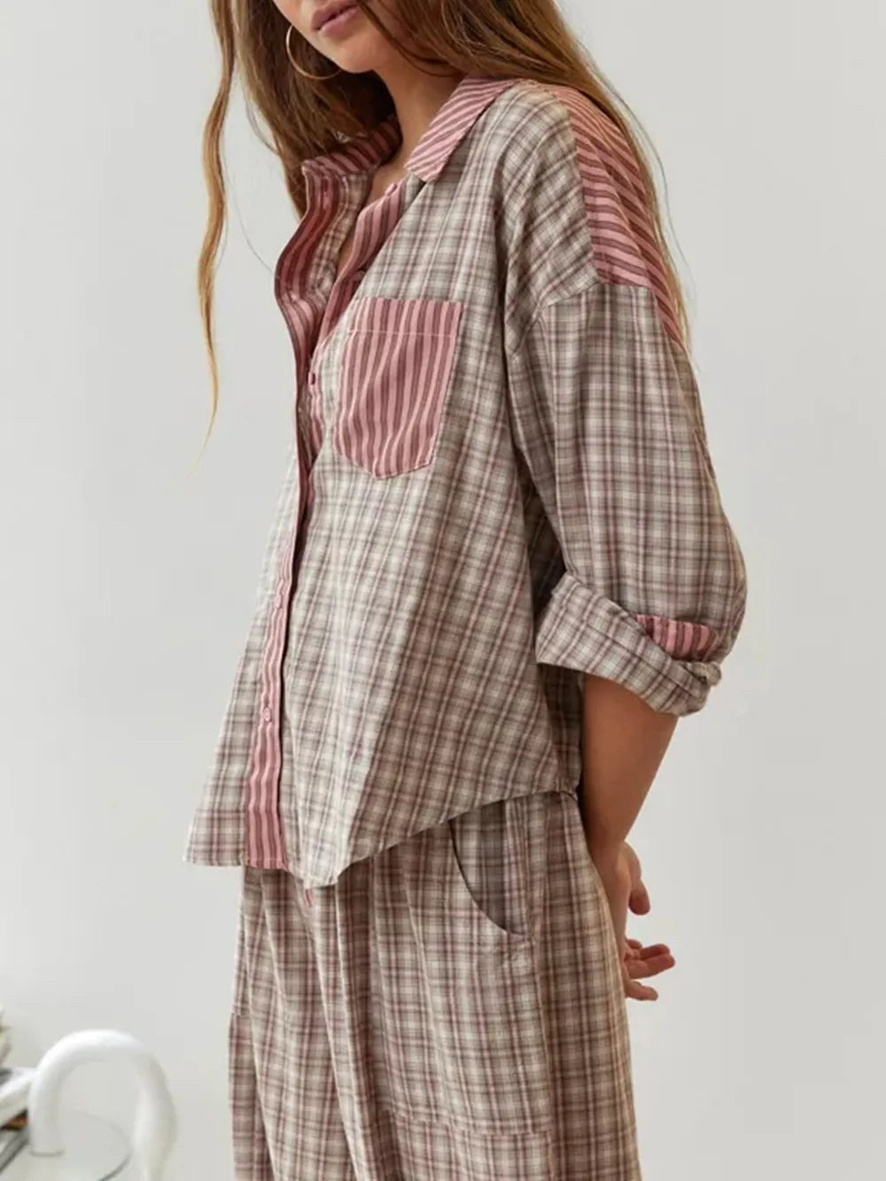 Mireille — Striped Cotton Pajama Set for Women with Plaid Trim