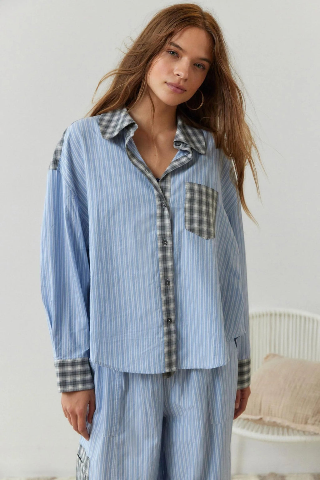 Mireille — Striped Cotton Pajama Set for Women with Plaid Trim (2)