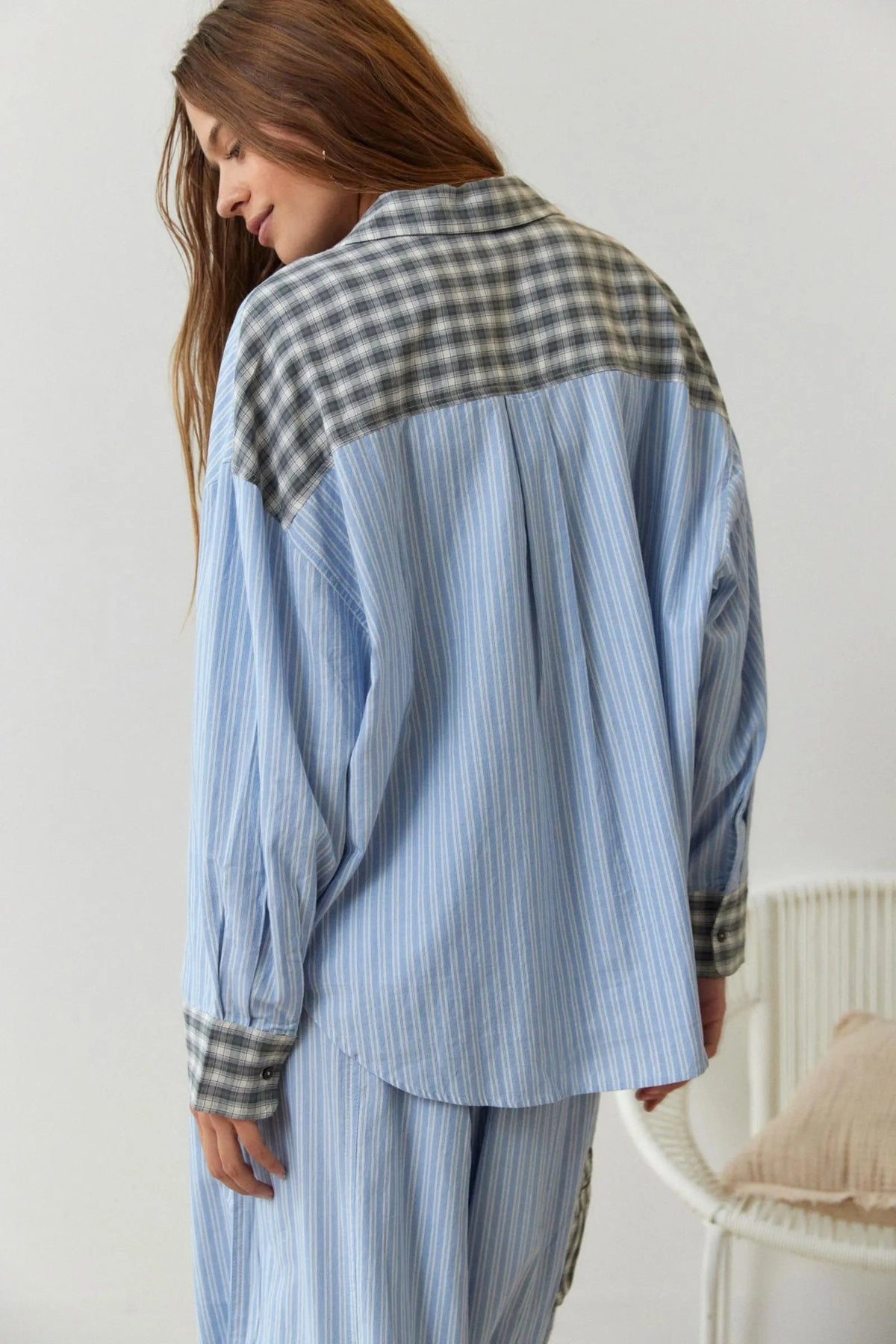 Mireille — Striped Cotton Pajama Set for Women with Plaid Trim (3)