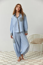 Mireille — Striped Cotton Pajama Set for Women with Plaid Trim (4)