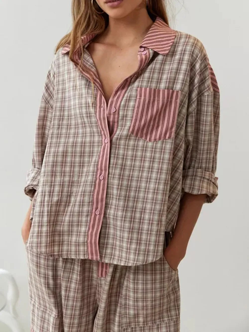 Mireille — Striped Cotton Pajama Set for Women with Plaid Trim (5)