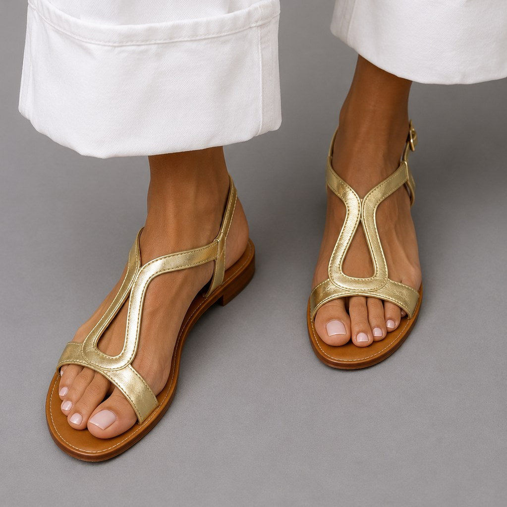 Mylene — Metallic Flat Sandals for Women with T Strap