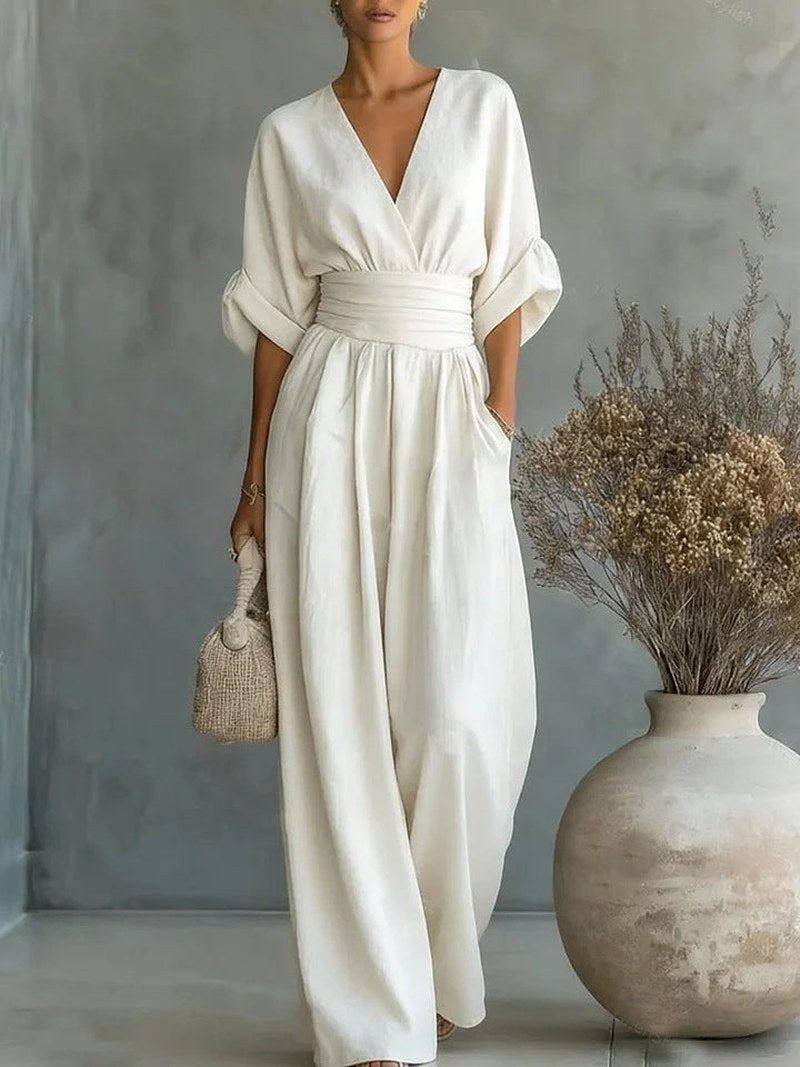 Nadine — V Neck Wide Leg Jumpsuit for Women with Pockets