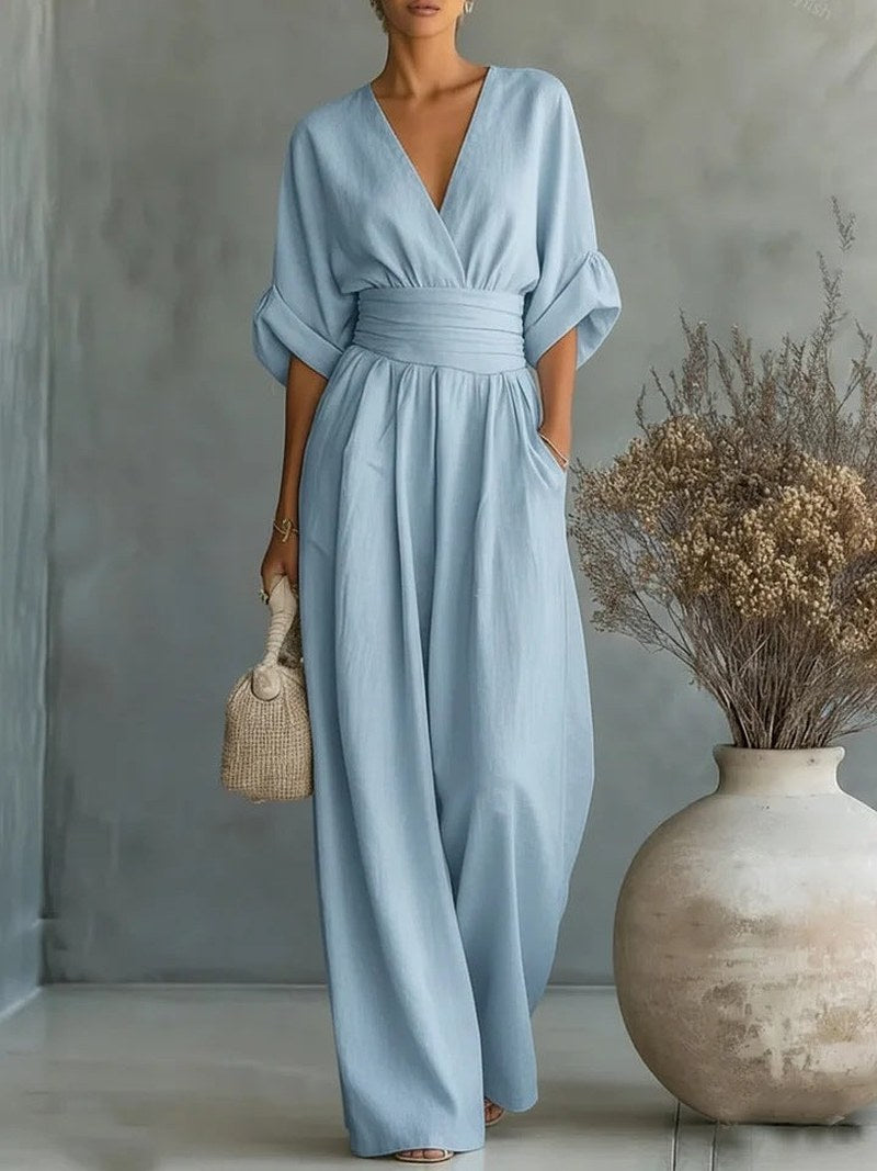 Nadine — V Neck Wide Leg Jumpsuit for Women with Pockets (2)