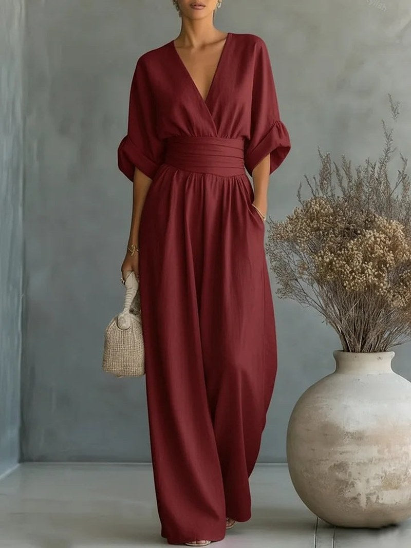 Nadine — V Neck Wide Leg Jumpsuit for Women with Pockets (4)