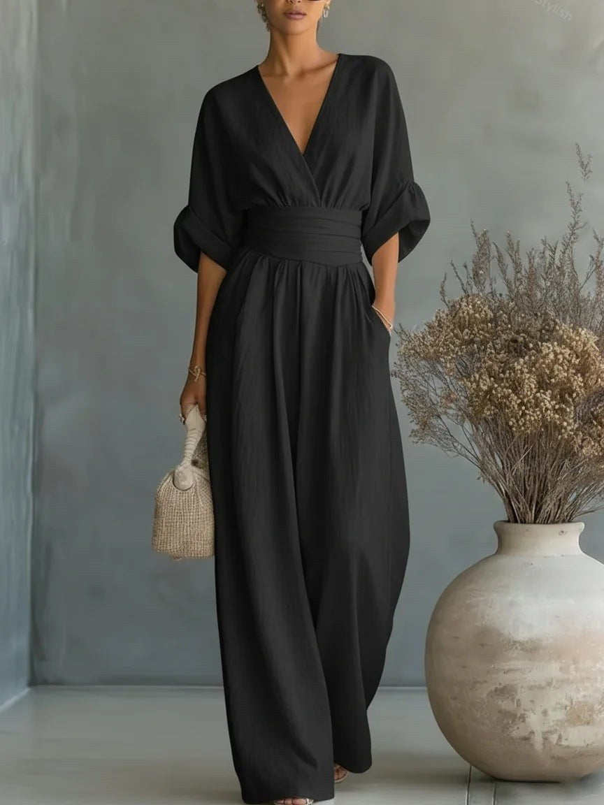 Nadine — V Neck Wide Leg Jumpsuit for Women with Pockets (5)