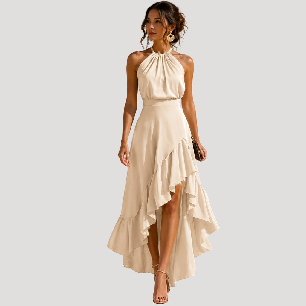 Nathalie — Layered Halter Maxi Dress for Women with High Low Hem