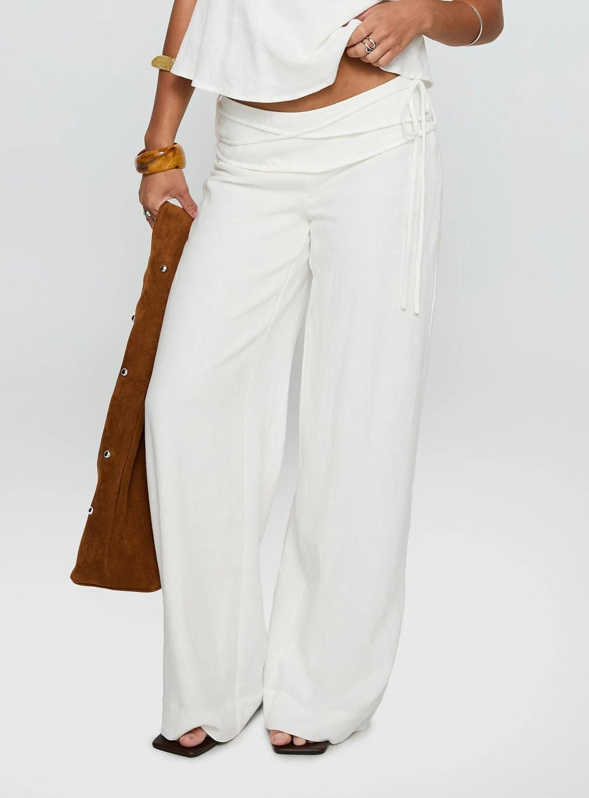 Pauline — Linen Blend Wide Leg Pants for Women with Tie Waist