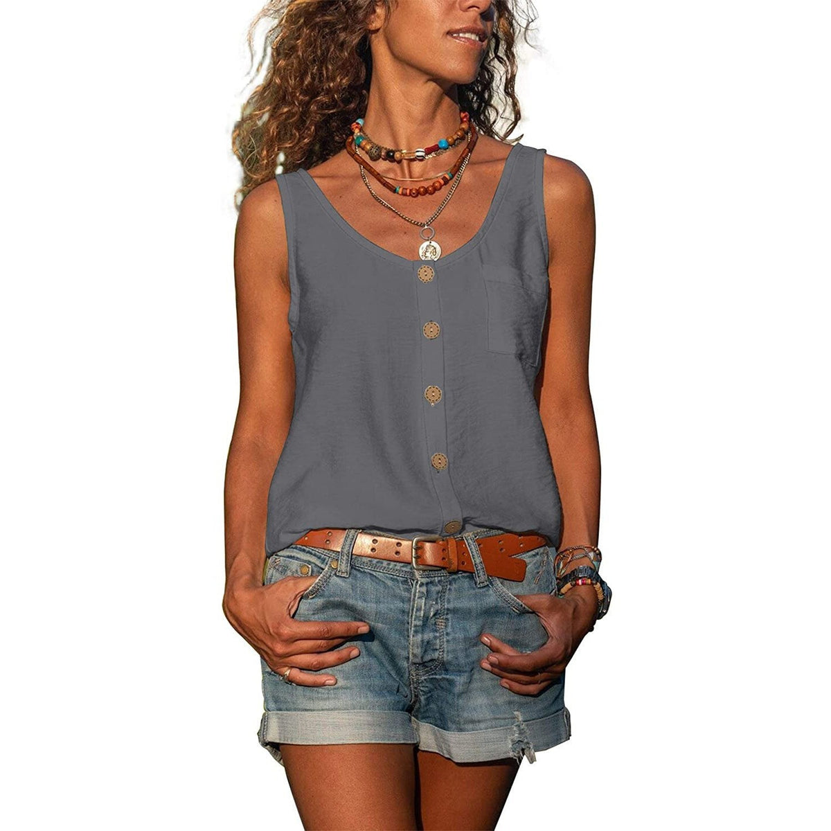 Perrine — Button Tank Top for Women with Round Neck