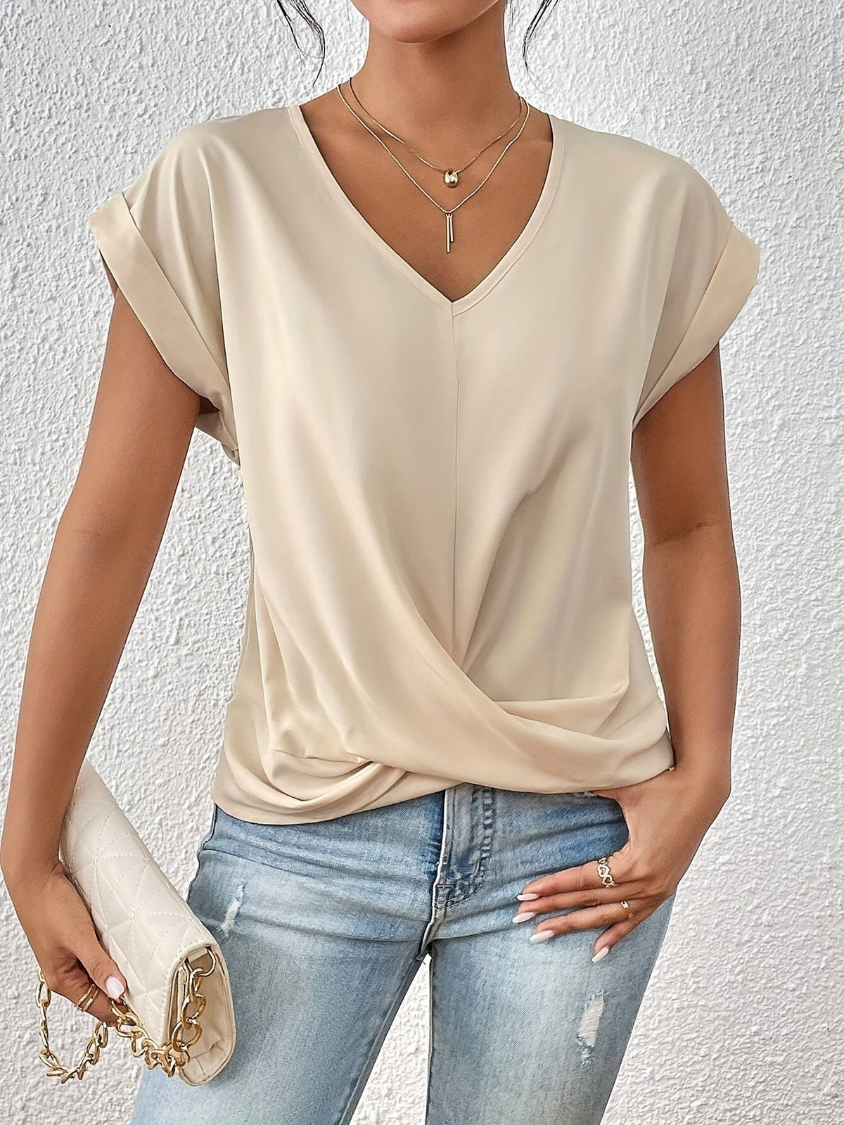 Raphaelle — Knot Front T Shirt for Women with V Neck (8)